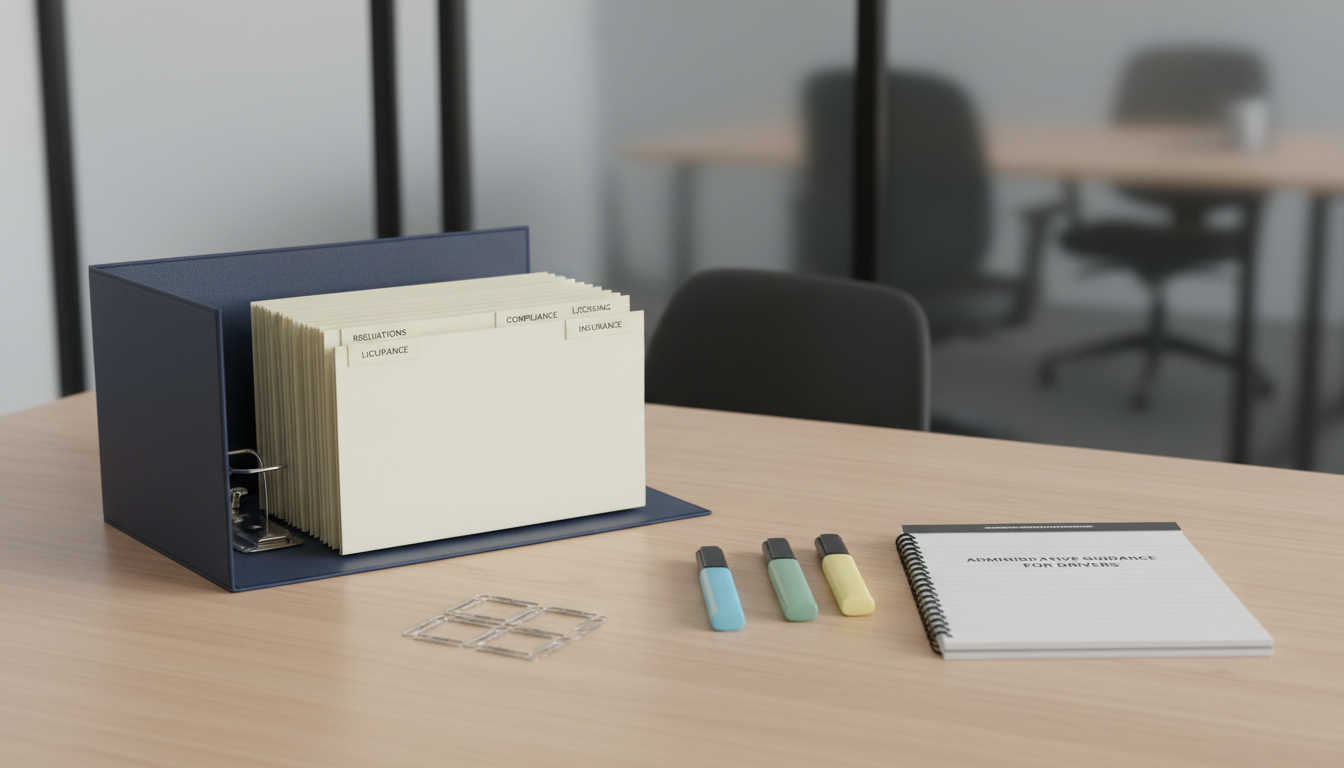 An elegant, hardback legal binder partially open to reveal crisp, tabbed sections, positioned on a clean, light-ash wood table with a symmetrical arrangement of paperclips, highlighters, and notepad. The environment is a modern business office, stripped of clutter, with subtle hints of frosted glass partitions and a muted, corporate-inspired color palette. Diffused, indirect daylight fills the scene, creating flat, even highlights and soft-edged shadows. Captured from a side angle with the book as the focal point, using rule of thirds to create a sense of balance and professionalism. The mood is poised, methodical, and reassuring, reflecting the company’s specialized administrative guidance for drivers.
