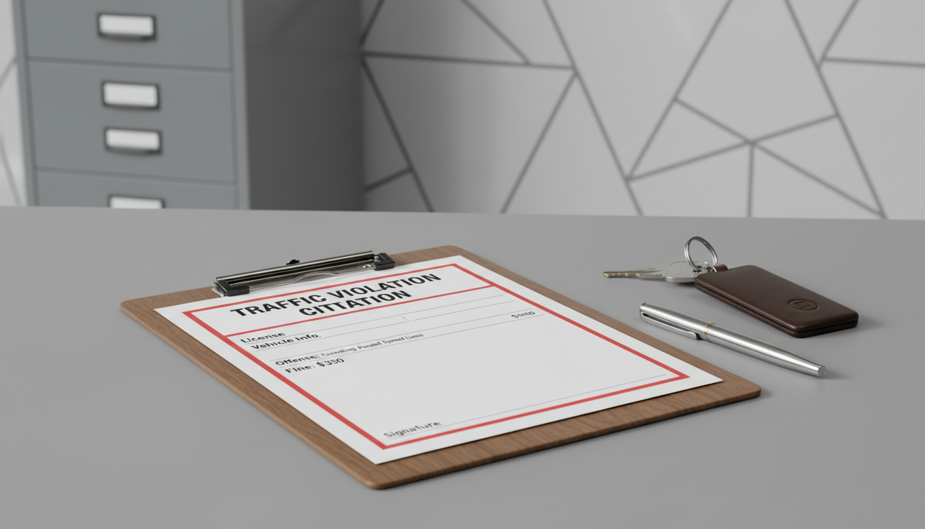 A close-up of a meticulously arranged clipboard holding a traffic violation notice, flanked by a silver ballpoint pen and a set of keyring car keys with a discrete leather fob, all resting on a smooth, neutral grey desk. The surrounding environment features a structured, uncluttered workspace with faint glimpses of a departmental filing cabinet and a modern, geometrically patterned wall. Studio soft lighting falls evenly across the scene, creating gentle shadows and a feeling of controlled precision. Captured from an eye-level perspective in a centered composition, the mood is focused, diligent, and trustworthy. This photographic image emphasizes the site’s expertise in administrative defense of traffic penalties, conveying clarity and structured support.